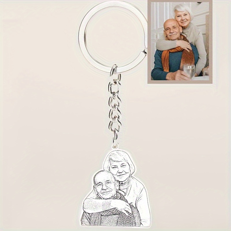Image of Custom Engraved Family Photo Keychain, Stylish Hip-hop Stainless Steel Classic Round Keyring Pendant, Personalized Laser Marking Commemorative Photo Backpack Keychain