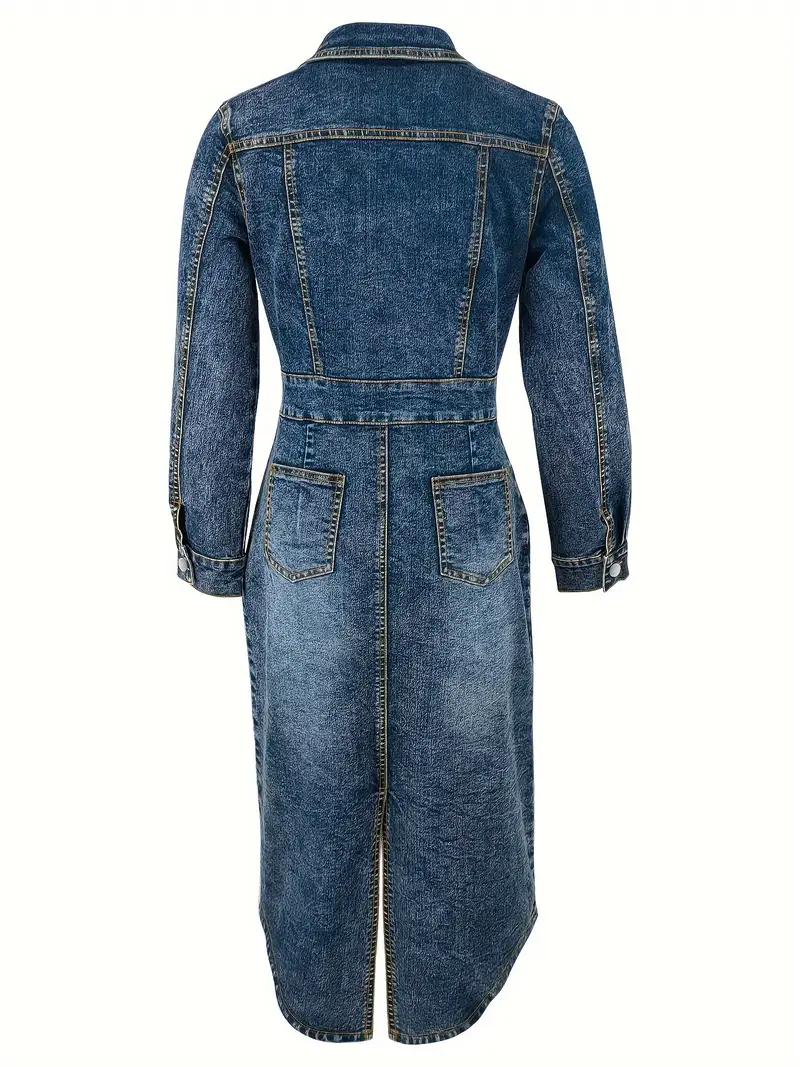 womens straight fit long sleeve denim dress elegant casual womens clothing denim details 4