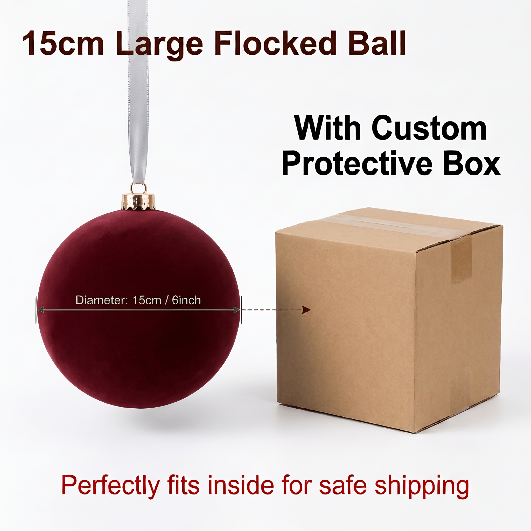 TEMU Boules de Noël Bordeaux de 15 cm/6 pouces avec Ruban - Décorations d'Arbre en Plastique/Velours -Chute en 4 , Adaptées pour Arbre de Fêtes,