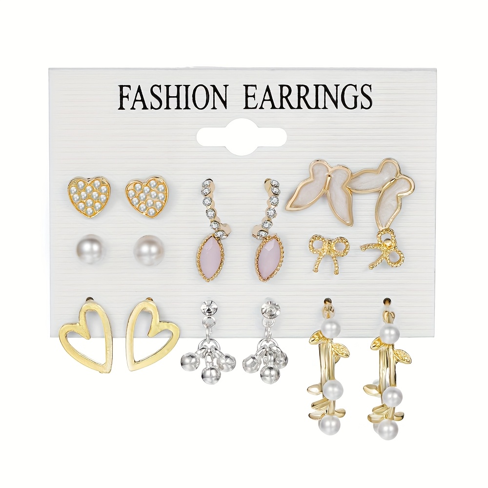 TEMU Ensemble de 18 pièces/9 paires de clous d'oreilles élégants et légèrement luxueux de papillon et de cœur avec strass roses et nœud , ensemble de