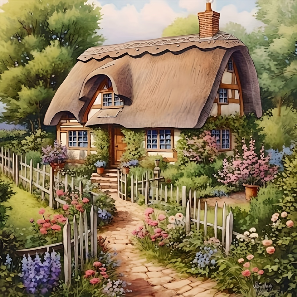 

40cm/15.8in Diy 5d Diamond Painting Kit: Charming Cottage House Pattern - Perfect For Wall Decor