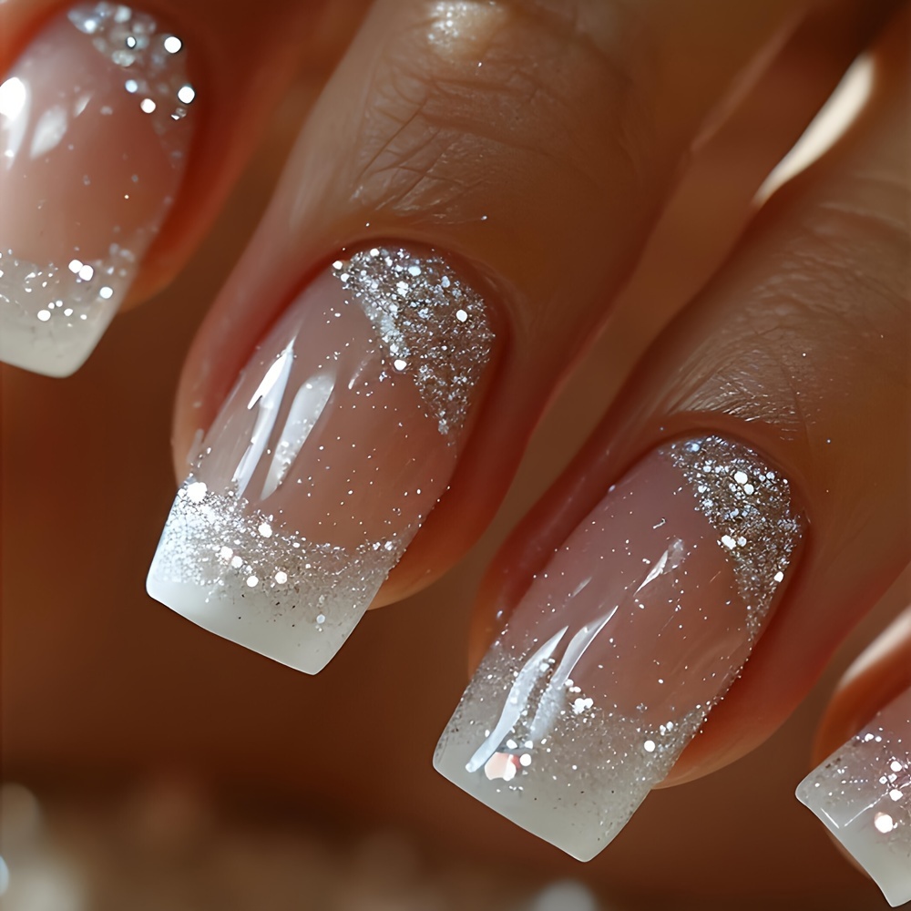 

Ensemble de 24 faux-ongles carrés à paillettes dégradées de longueur moyenne avec colle en gelée et lime à ongles - Système de couleurs mélangées, finition brillante à paillettes