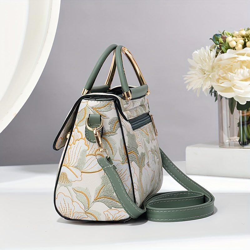 Floral Embroidered Crossbody Bag, Large Capacity with Zipper Closure, Polyester Lined, Versatile Commuter Handbag, Luxurious & Fashionable Design, Edge Paint Detail - Available in Black, Beige, Pink, Khaki, Green