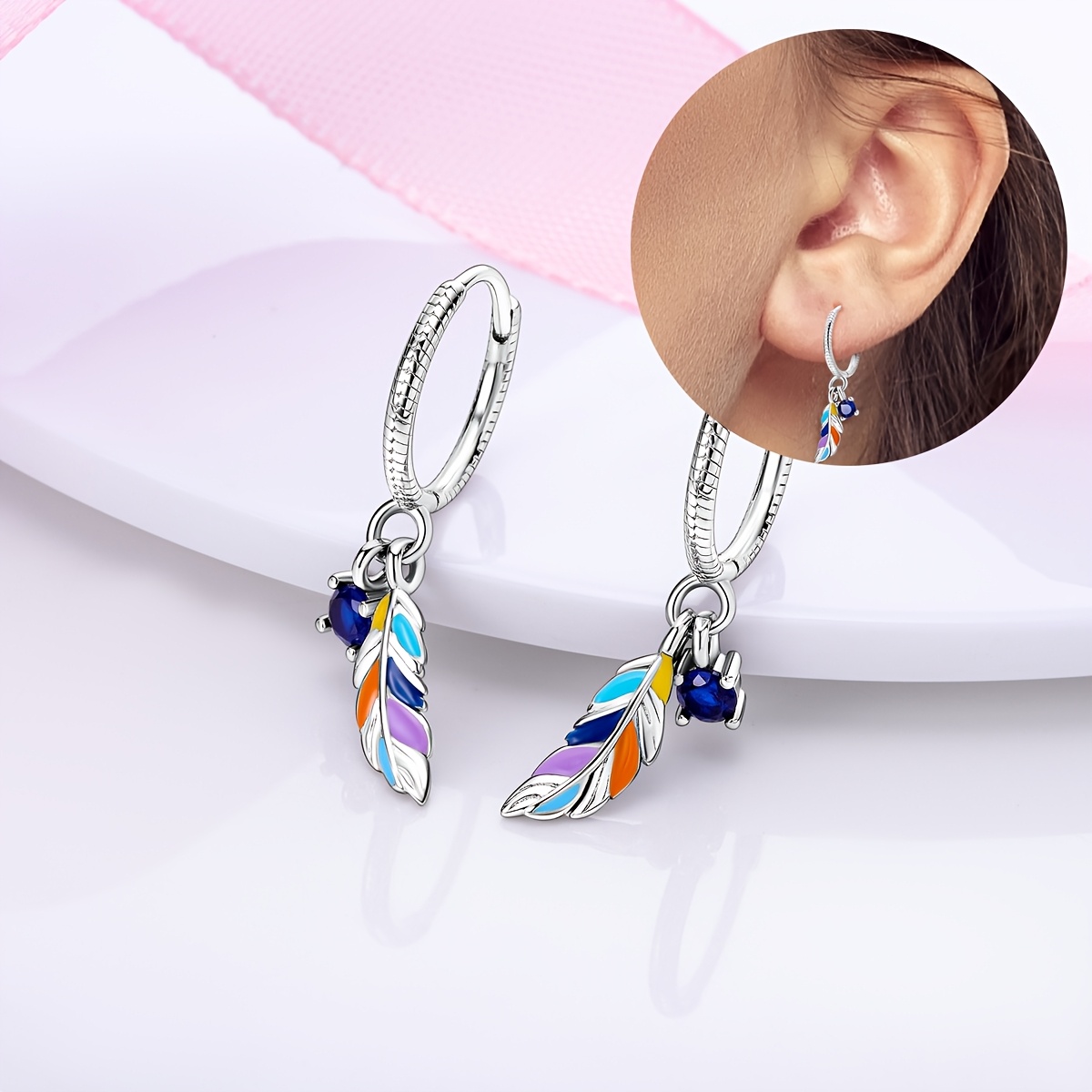 TEMU Une paire de boucles d'oreilles élégantes à plumes colorées bohèmes plaquées de blanc - Parfaites pour un port et cadeau idéal pour elle pour la