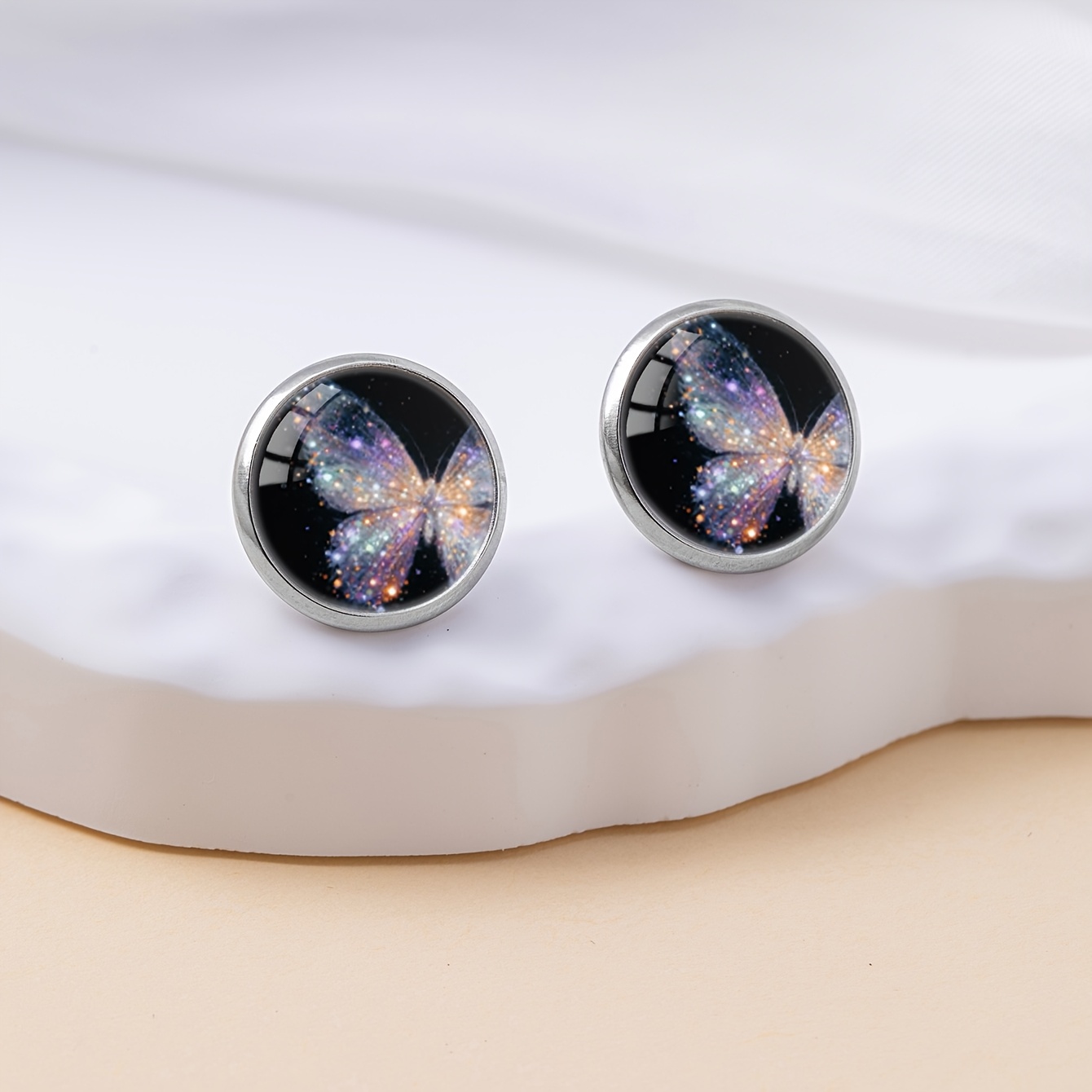 Black Glitter Butterfly Pattern Earrings with Stainless Steel Posts
