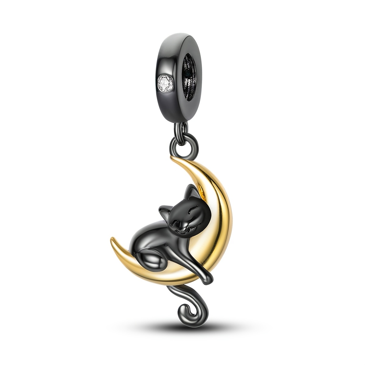 TEMU 1pc Silver Color Charms Beads For Women Cat With A Golden Color Coated Moon Pendants Shine Cubic Synthetic Zirconia Inlay Jewelry Gifts Fits