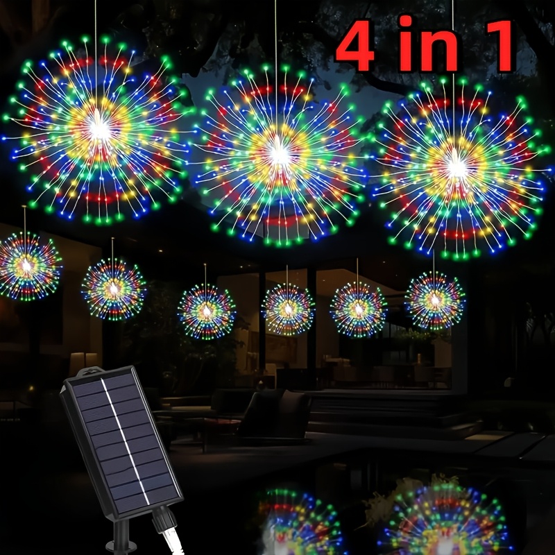 

4-pack Solar Fireworks Hanging Lights, Dimmable Led Starburst Decoration, Outdoor Fairy Lights With 8 , Copper Wire Fairy String For Garden, Patio, Christmas, New Year Decor