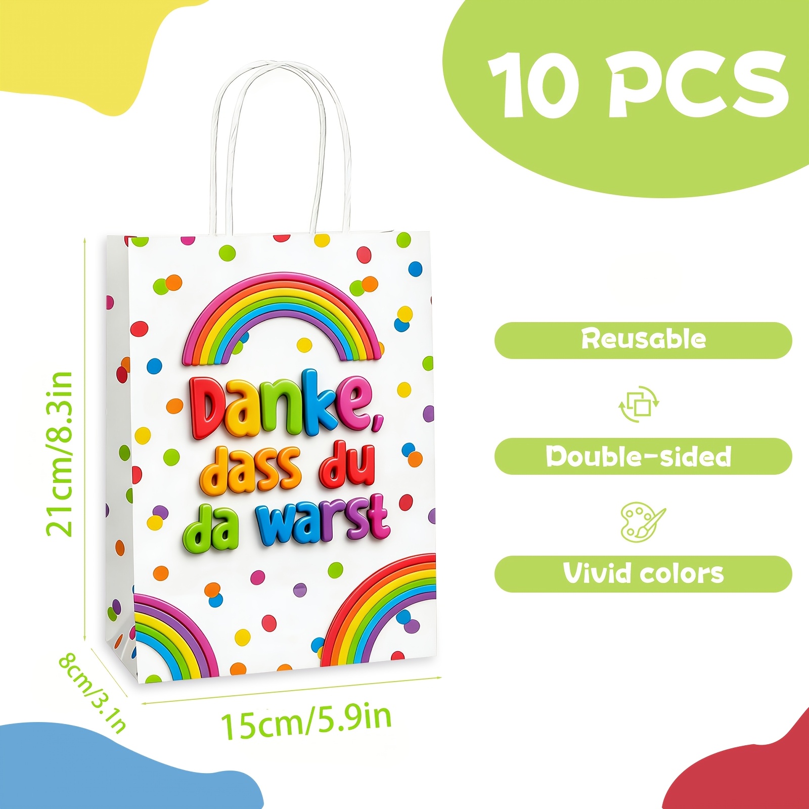 E-shop Geschenk für Sie/Ihn 10er-Pack Bunte Tragetaschen Geschenktüten Bedruckt mit " Du Da Warst", Papiertüten mit Griffen, Bunte Polka Dot Muster,