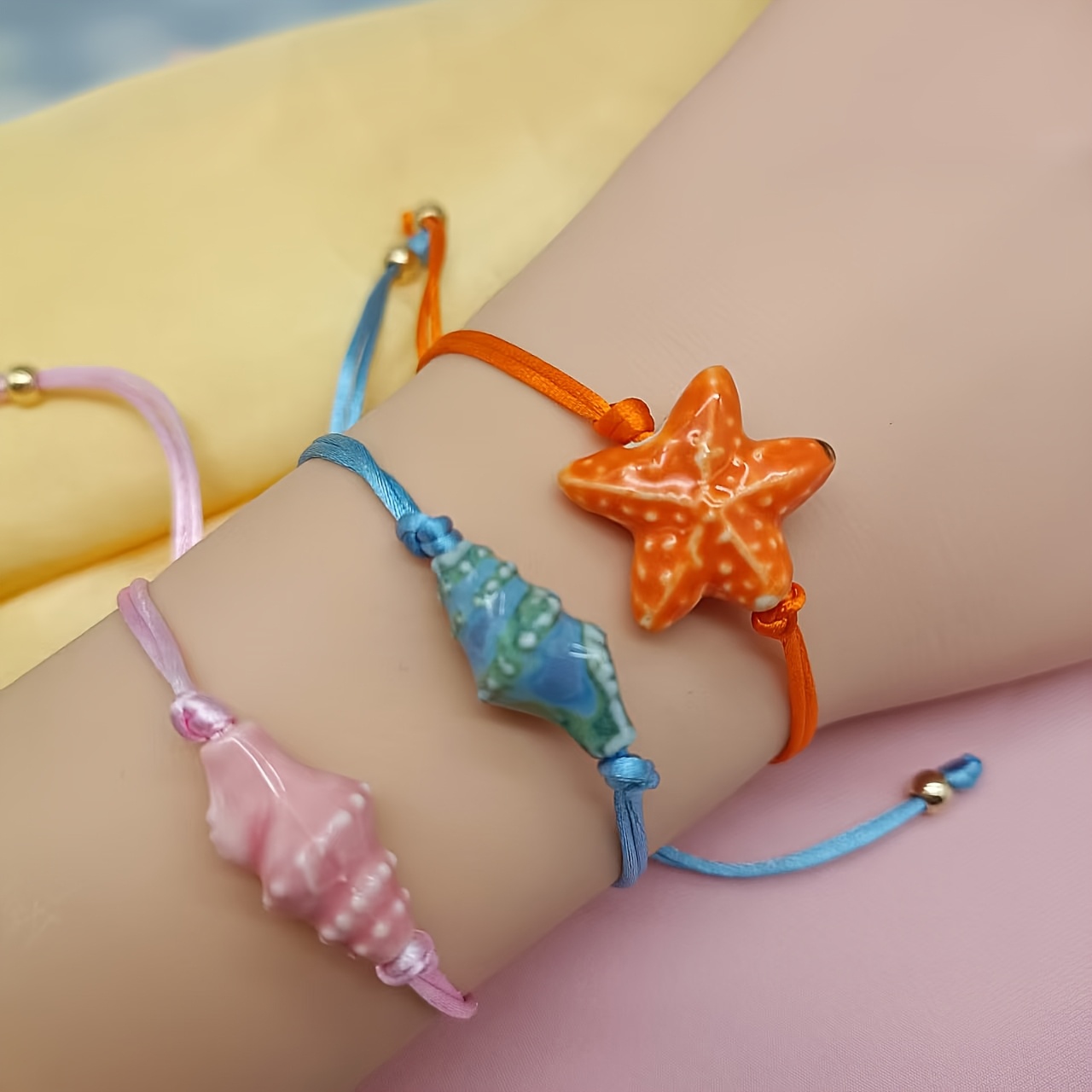 Colorful Ceramic Starfish Charm Bracelet with Orange and Pink Beads