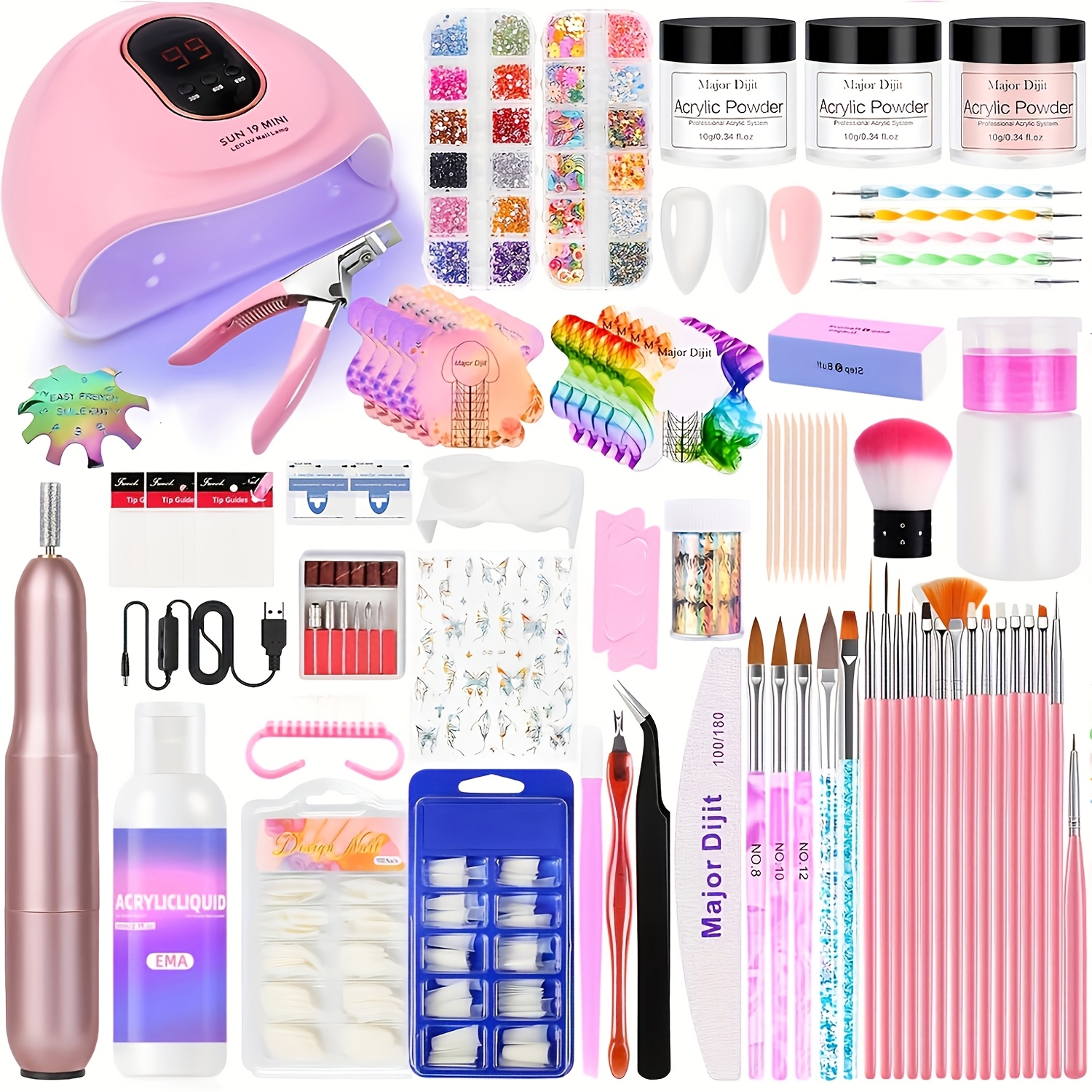 Image of Complete Acrylic Nail Kit With /led Lamp & Nail Drill Machine - /, Clear/white/nude Suitable For - Nail, Powder & Liquid For Diy Manicure/pedicure, Beginner-friendly Complete Nail System