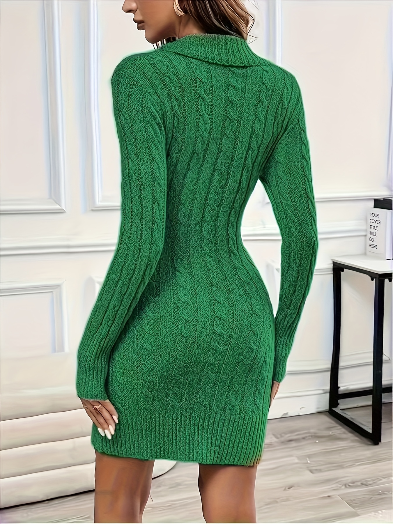 Christmas Women'S Elegant V-Neck Sweater Dress - Long Sleeve, Button Front, Solid Color, Bodycon Fit, Fall/Winter Collection, Casual to Formal Wear, Casual Attire, |Vneck Dress|Button Front Dress, Sweater Dress
