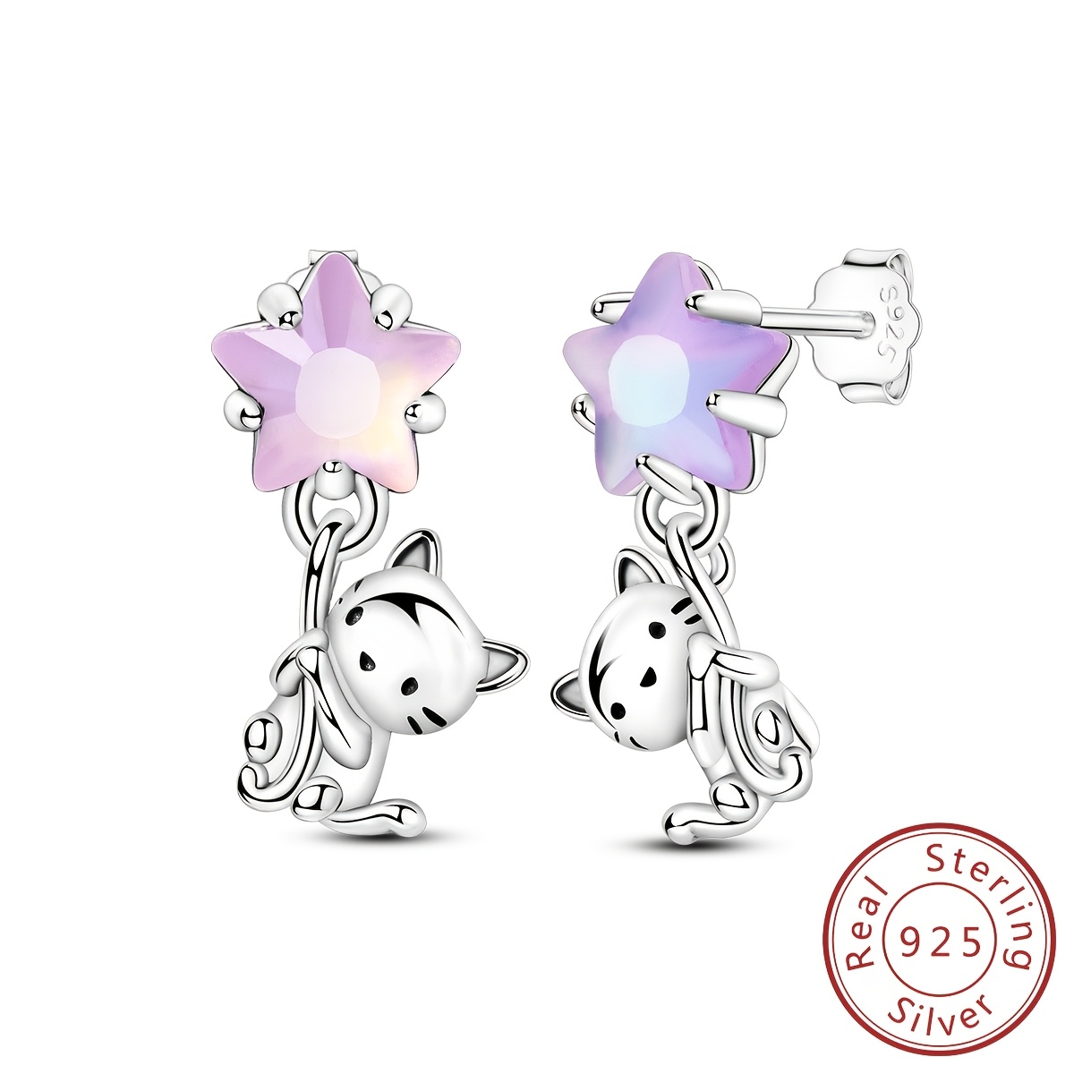 Image of 925 Sterling Silvery Cat Plucked Stars Earrings Designer Women's Cute Elegant Vacation Party Gift Accessories