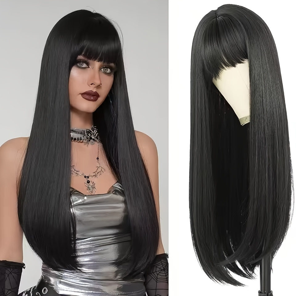 TEMU Peluca Larga con Flequillo Natural - Estilo Europeo y Americano para Uso Diario, Fiestas y Halloween, Reductora de Edad para Adultos