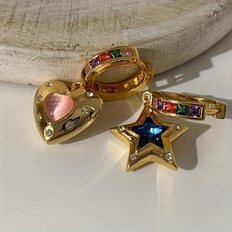 TEMU Stylish Heart And Star Asymmetric Earrings Studded With Colorful Zircons For Valentine's Day Birthday Anniversary Perfect Gift For Women