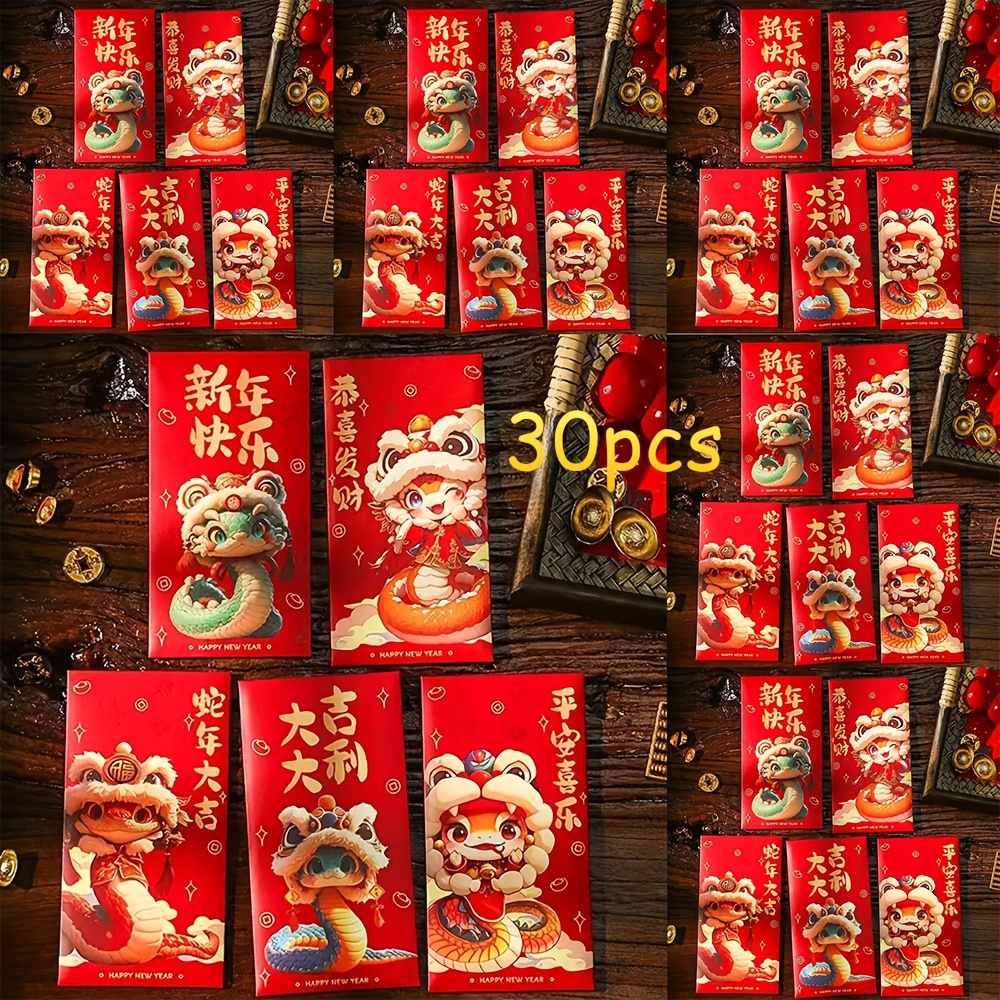 

30pcs Vibrant Red Chinese New Year Envelopes For 2025 - Snake Themed, Traditional Packets With Good Luck Symbols For , Birthdays & Celebrations