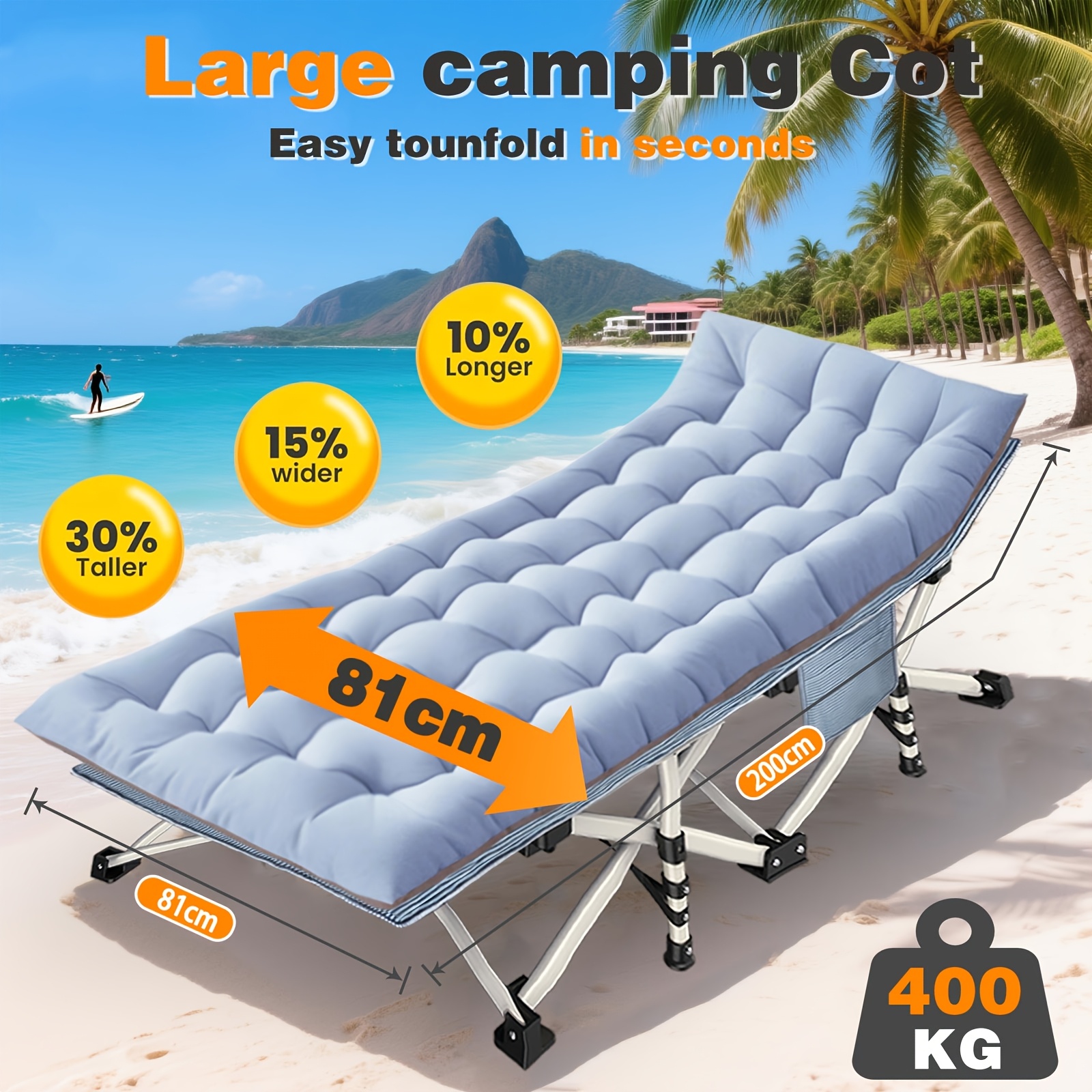 TEMU Xxxl Large Folding Camping Bed With Thick Mattress - Heavy-duty Portable Outdoor Bed Frame, 190cm X 68cm X 35cm-200cm X 81cm X 45cm Large Size