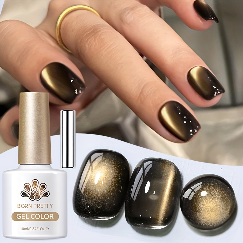 TEMU Born Pretty 10ml Magnetic Gel Nail Polish With Glass Beads & Cat Eye Effect - Black Golden Soak Off Magnetic For Diy Nail, Magnetic Swirl Designs, Care Suitable For Nail Artists & Hobbyists