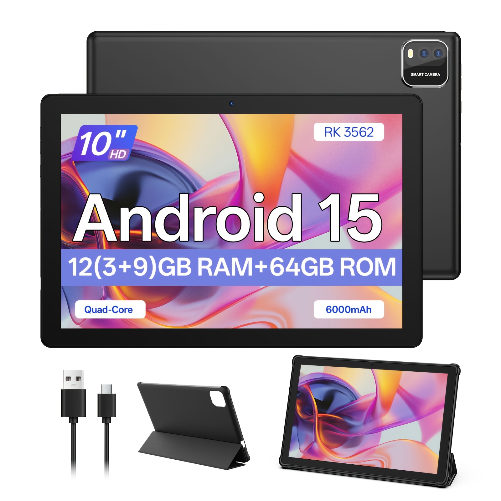 TEMU Tablette Android 15 10 pouces, puce RK3562, 12(3+9)Go de RAM 64Go de ROM, extensible à 1To, batterie 6000mAh, WiFi 6 double bande, étui pliable,