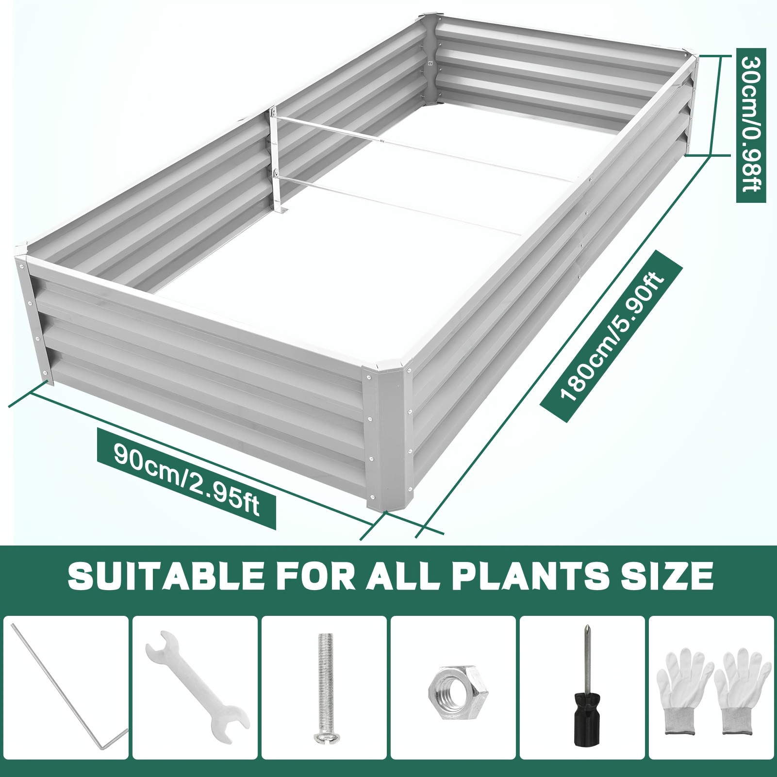 TEMU Raised Garden Bed - Rectangular Metal Planter For Vegetables, Flowers & Herbs, Anti-rust & Easy Setup, 180x90x30cm, Green/silvery, Contemporary