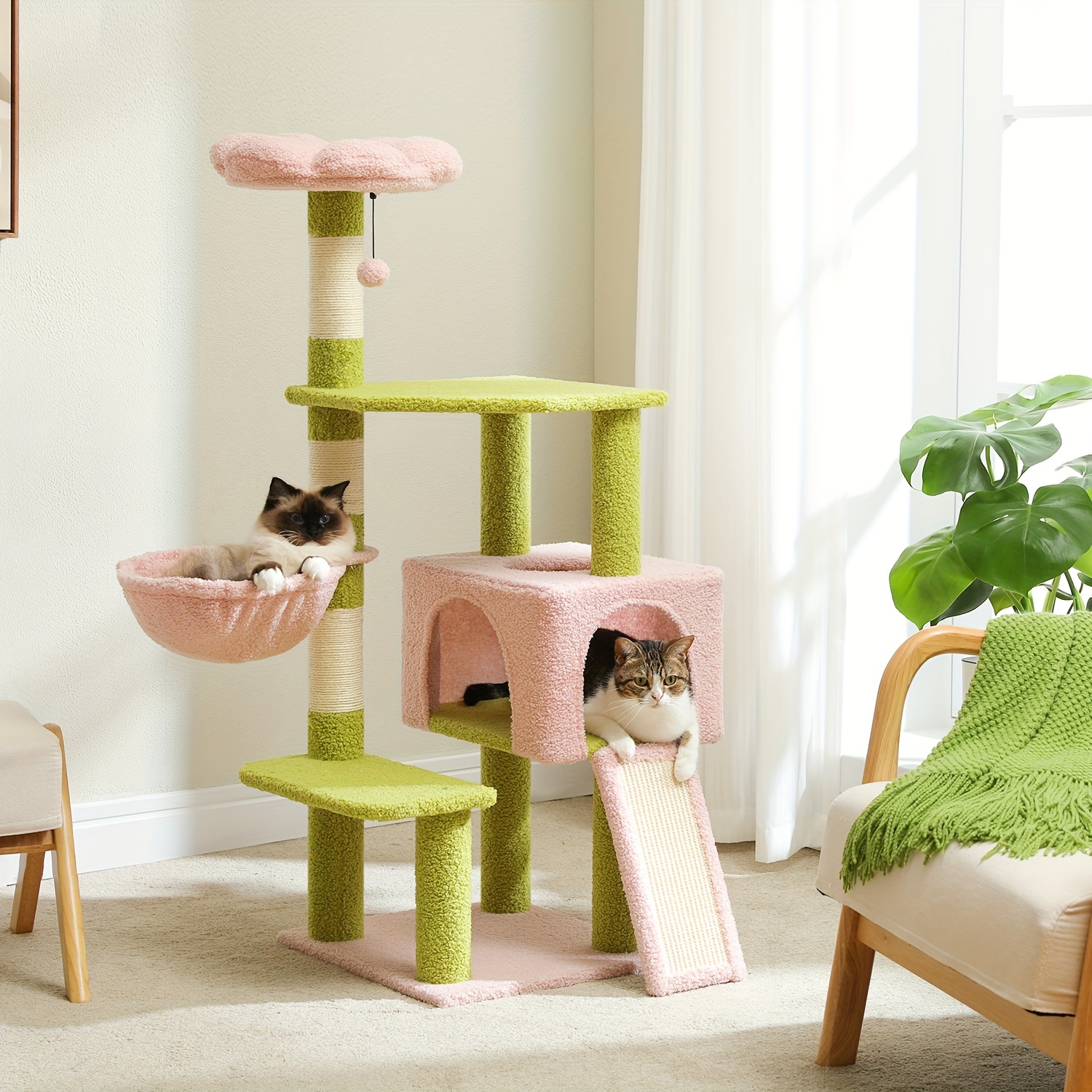

Flower Cat Tree 47.2" Multi-level Cat Tower With Sisal Covered Scratching Posts, Cute Cat Condo For Indoor Small Medium Cats, Pink Top Perch, Ramp, Fluffy Ball