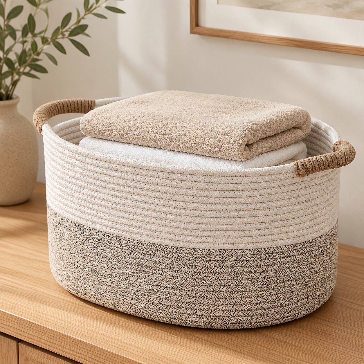 Woven Storage Basket with Handles, Decorative Organizer Bin for Living Room Cabinet, Remote Control Holder, Shelf Storage Basket for Blankets, Towels, Magazines, Books, Entryway And Bedroom Organization, Foldable Rope Basket, Home Decor Basket
