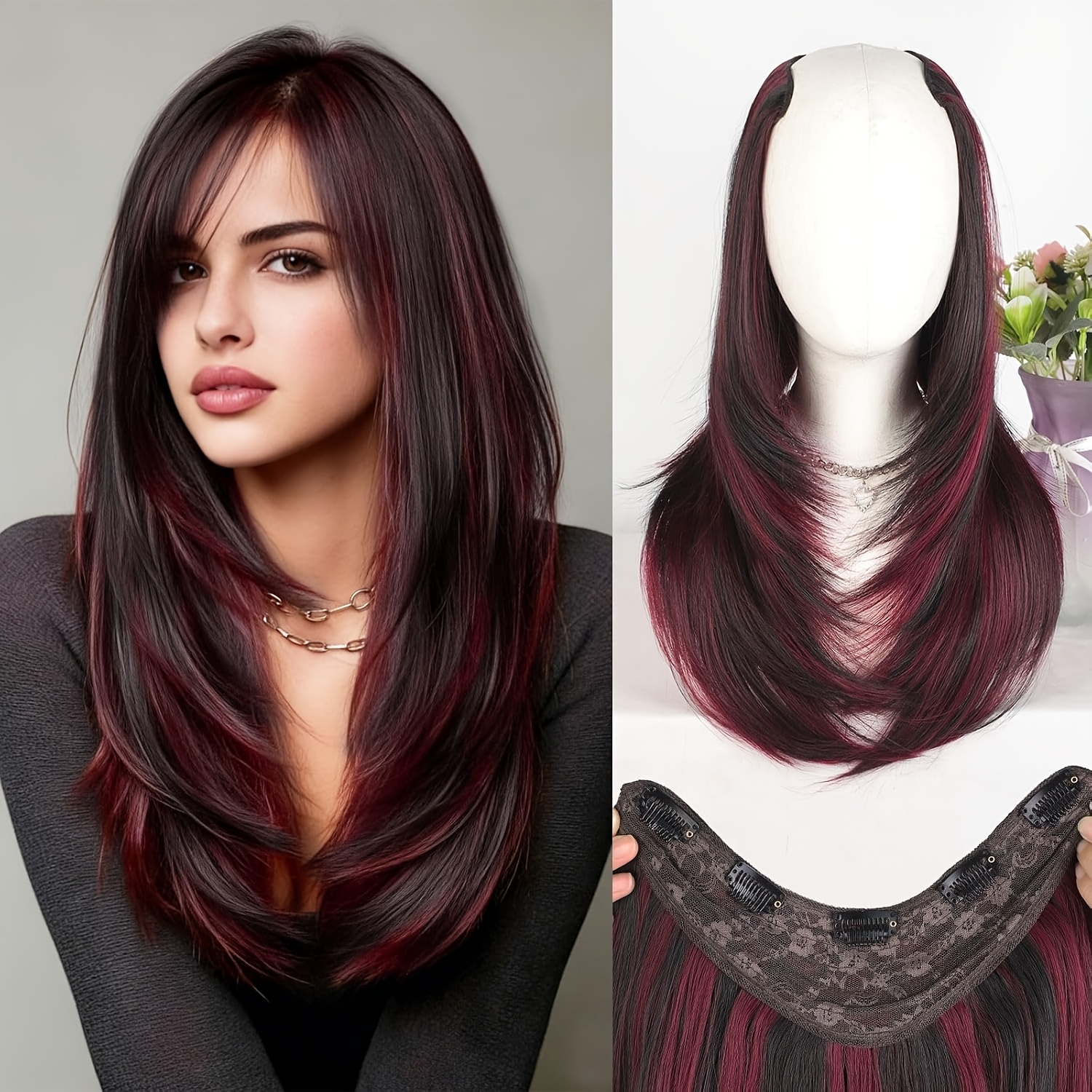 TEMU Women's 20-inch V-shaped Clip-in Hair Extension (single Piece, Synthetic Straight Hair, Coverage, Includes 5 Clips) - Suitable For Daily Wear,