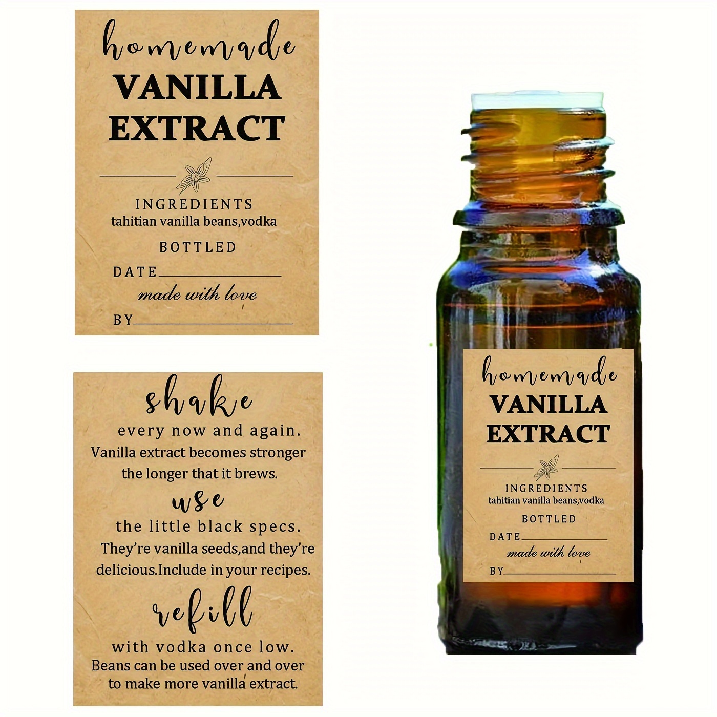 

48 Kraft Paper Vanilla Extract Stickers 1.5×2 Inch Square Personalized Vanilla Instructions Labels For Handmade Bottles, Jars Kitchen Pantry, 24 Front And 24 Back Extract Labels Set