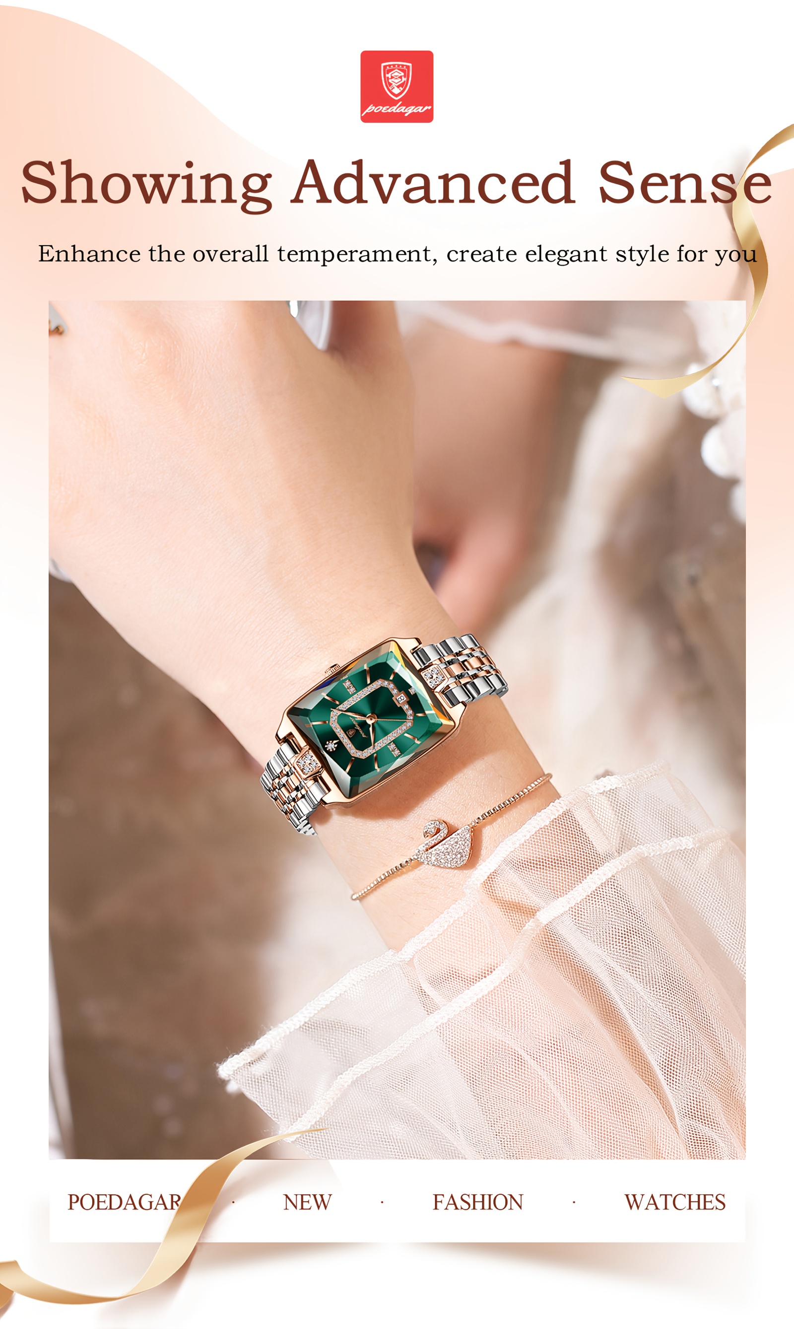 Elegant Waterproof Stainless Steel Square Quartz Ladies Watch with Calendar