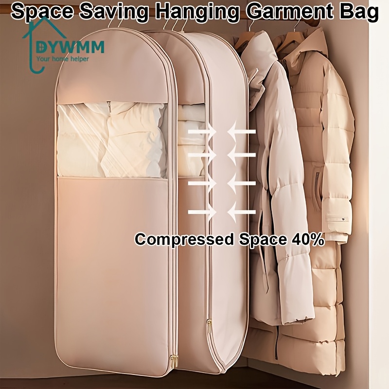   space saving hanging garment bag with self compression zipper 40 compressed high quality closet organizer for down coats clothes durable fabric storage bag beige pink clothes organizer storage 0