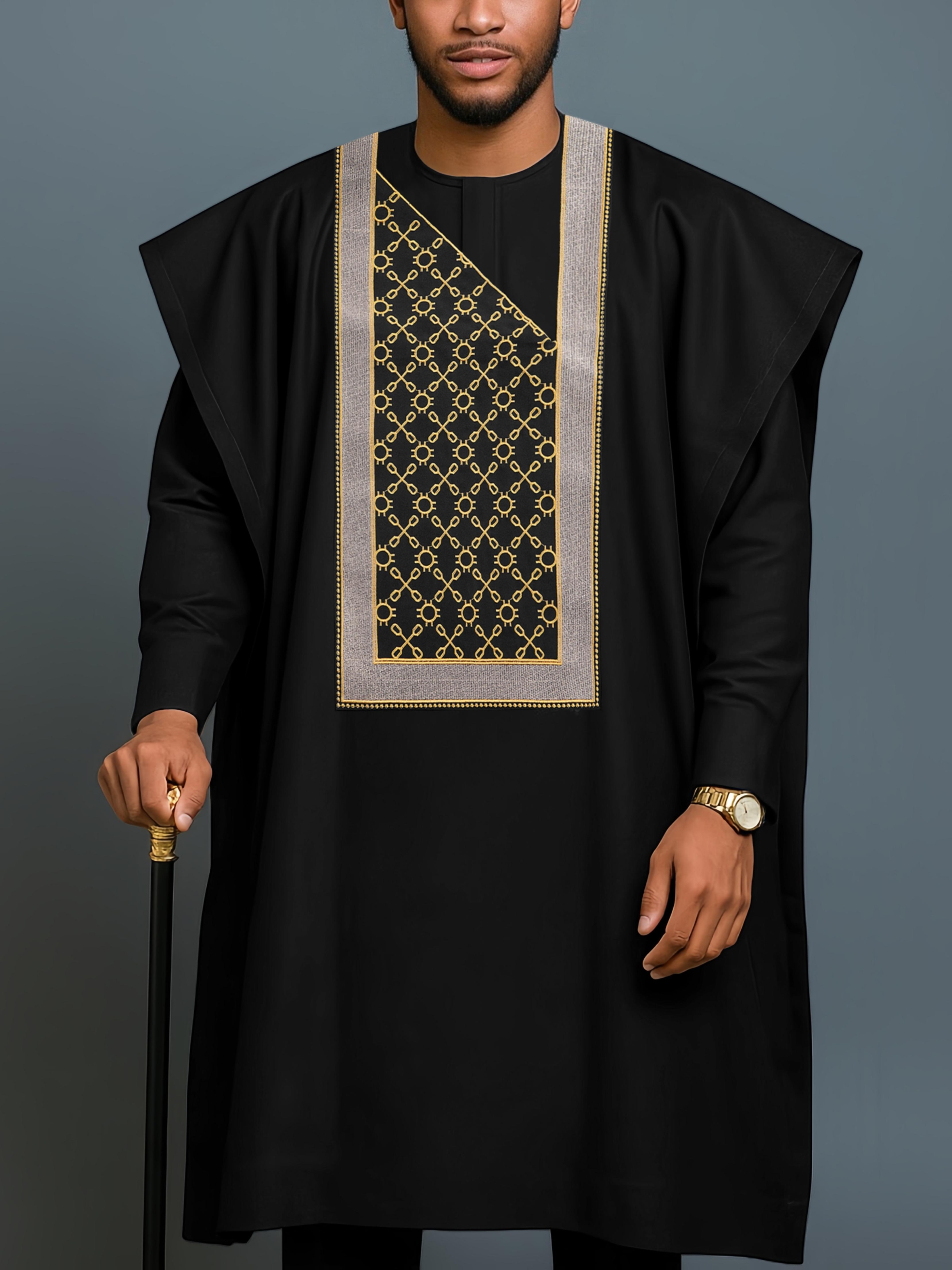 Men's Agbada 3pcs Set, Embroidered Pattern, Crew Neck, Hidden Buttons, Slit Hem with Pockets, Ethnic Pattern Robe, Long-Sleeve Shirt, Drawstring Elastic Waist Pants, Suitable for Banquets, Birthdays, Gatherings, Weddings, Holiday Celebrations, Dates