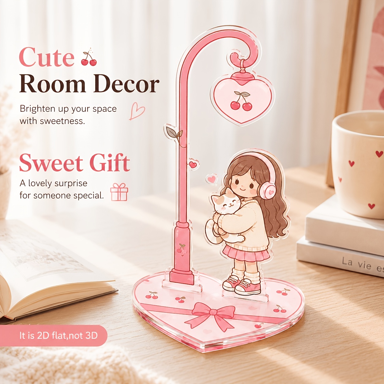 TEMU Support plat 2D, 1pc en acrylique, Ornement de bureau avec base de cœur et chat enlacent une fille mignonne, Cadeau cœur pour fille
