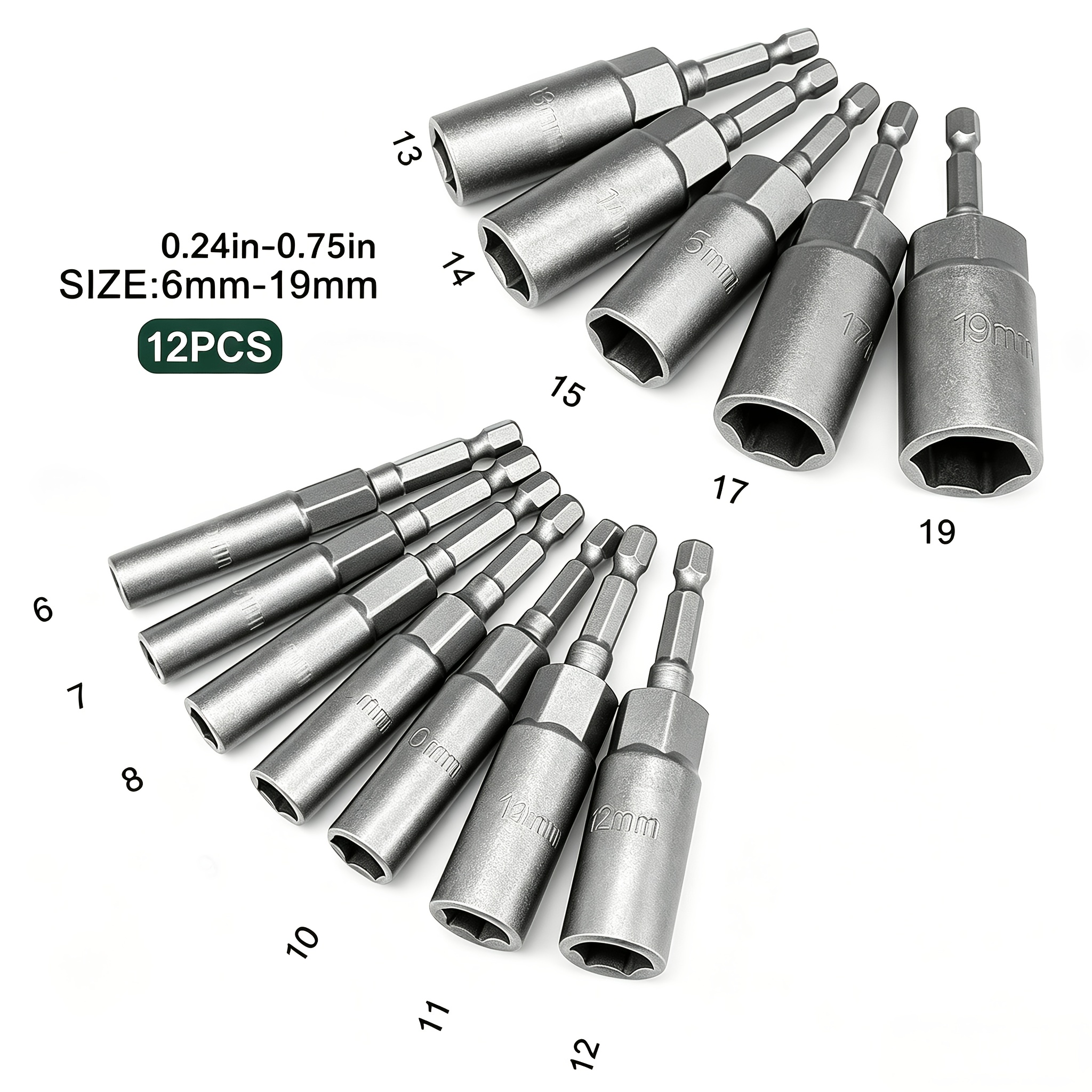 TEMU 12-teiliges -Set, 6-19 mm Sechskant-Steckschlüssel-Set, 1/4-Zoll-Sechskantschaft, Schlagschrauber-Steckschlüssel-Mutter- und Bolzenentferner mit