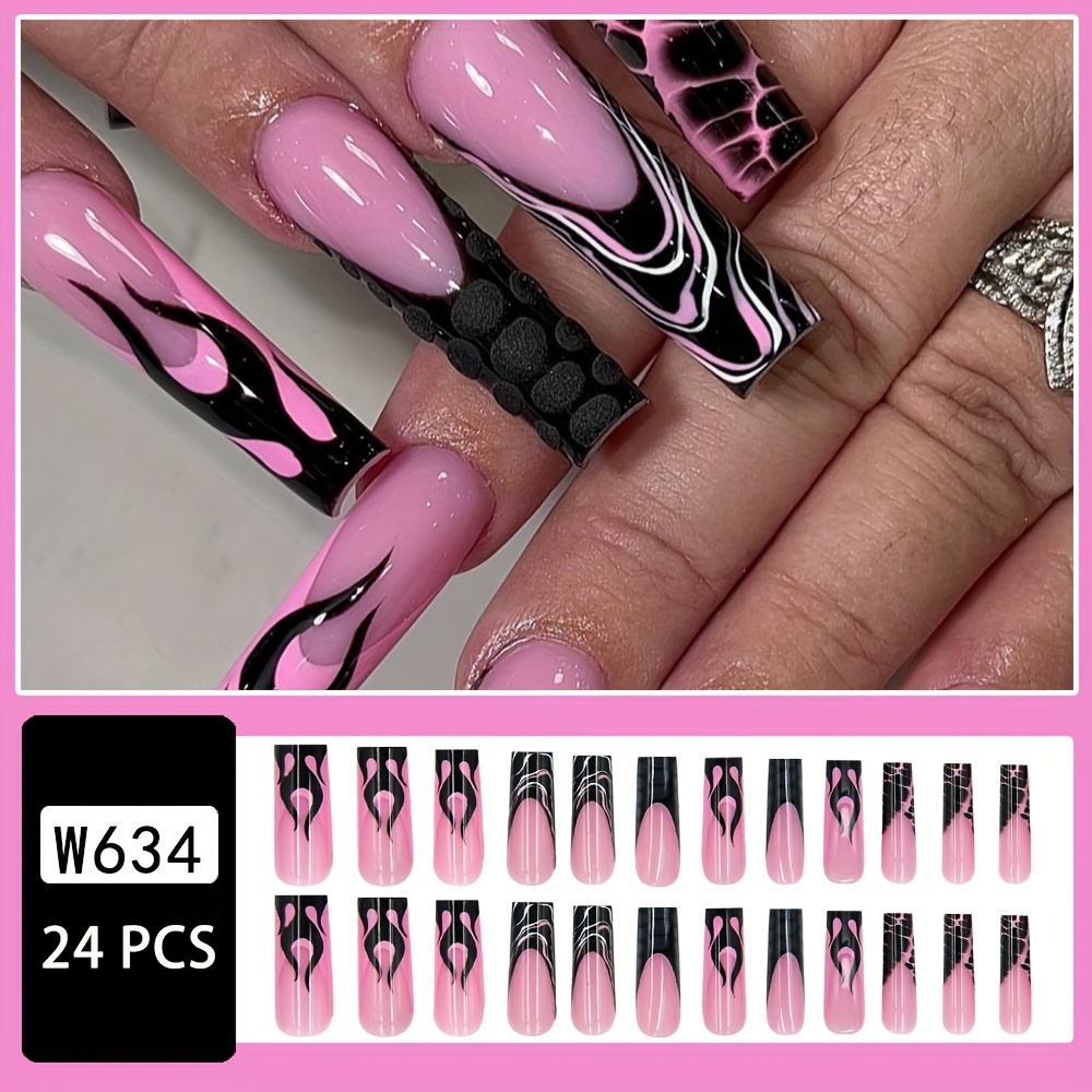 TEMU Show Your Beauty 24 Stück pro Box Lange Wasserpfeifen-Nägel, Süße coole Flammenform mit schwarzen Streifen, unregelmäßige schwarze Flecken,