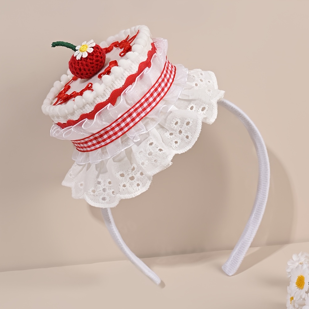 TEMU 1pc Cherry Headband For Handmade Knitted Fruit Hair Hoop For Gifts Hat Hair Band Cute Hair Accessory For Birthday Party, Spring Summer Picnic,