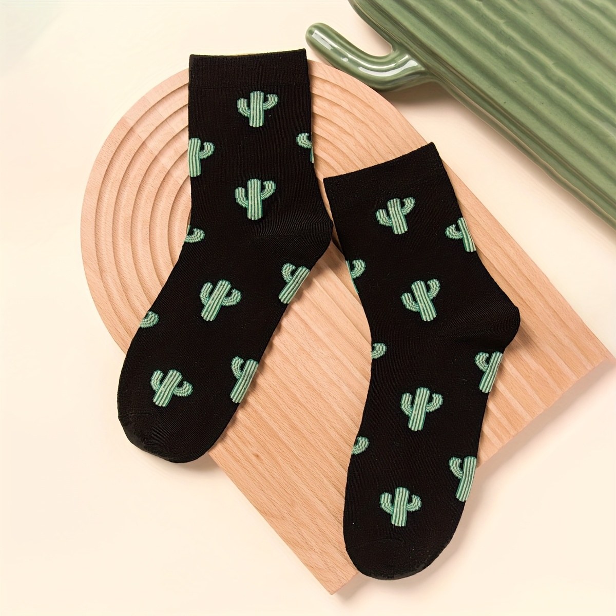 Men's Socks Cactus Pattern Contrast Color Mid-calf Socks