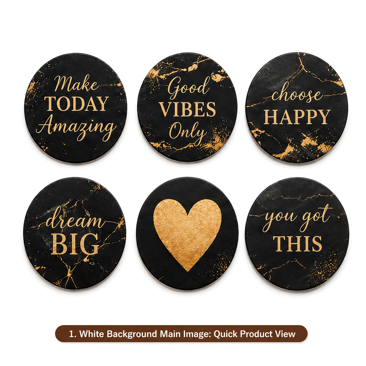 TEMU 6-delige set houten onderzetters, 4-inch ronde zwarte en gouden thema inspirerende onderzetters, geschikt voor eettafels, keukens, kantoren en