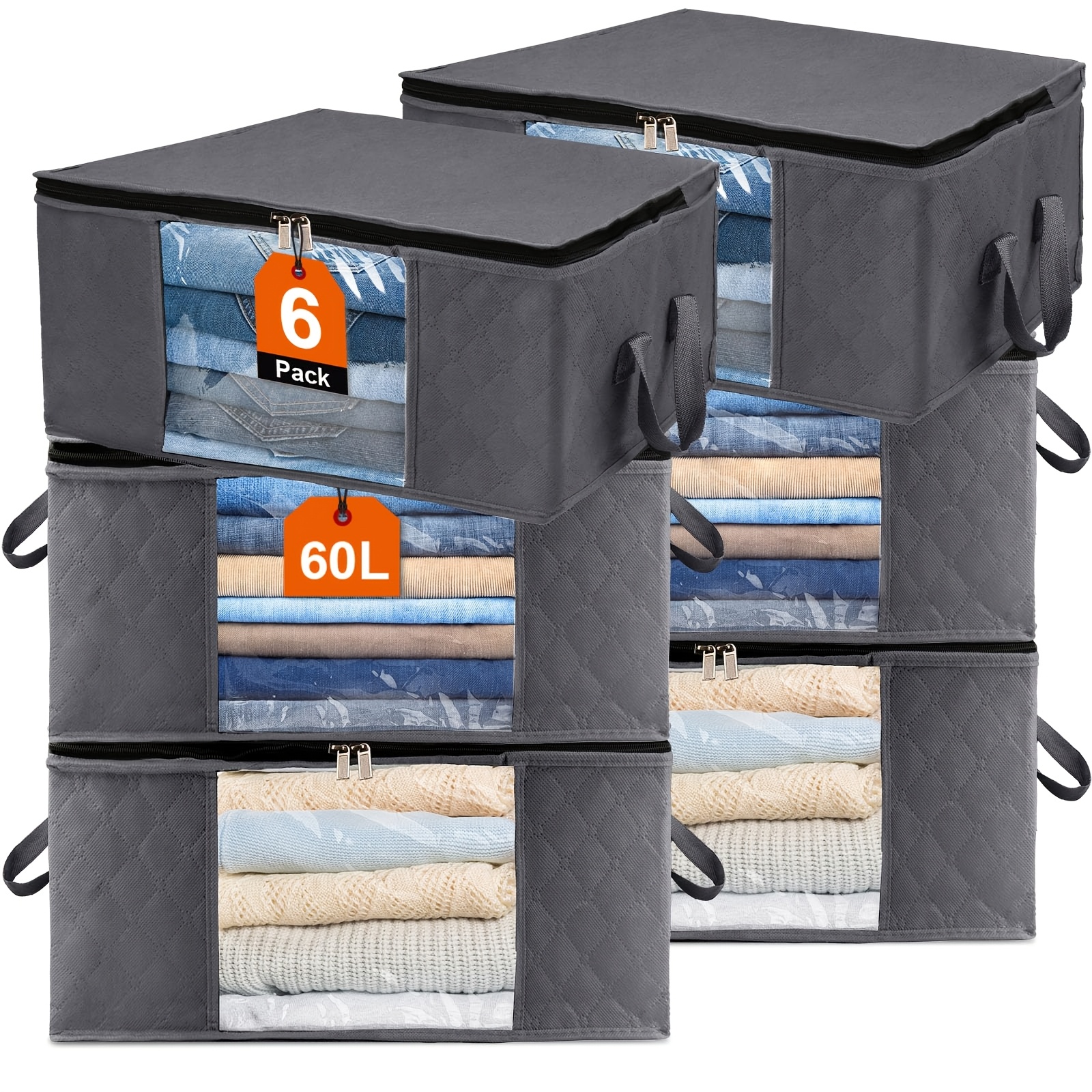 TEMU 6pcs Set 60l Large Capacity Storage Bag Wardrobe Organizer Set, Foldable Clothes Storage Bag, With Reinforced Handles And Zippers, Suitable For