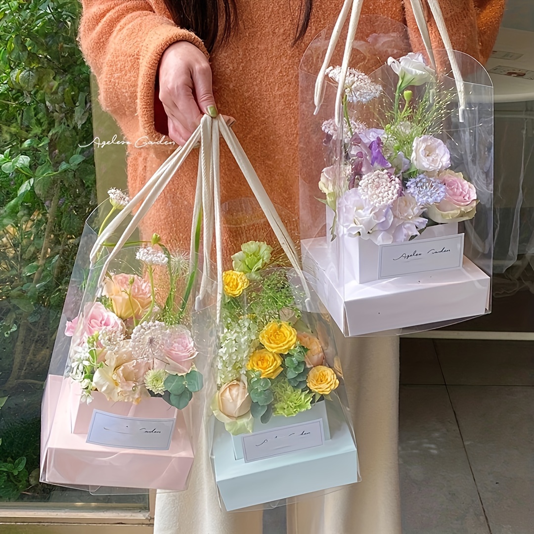 

5pcs Floral Gift Bags - Transparent, Foldable Flower Tote Boxes For Day & Valentine's - Diy Arrangement Supplies With Theme - Waterproof Packaging For & Bouquets