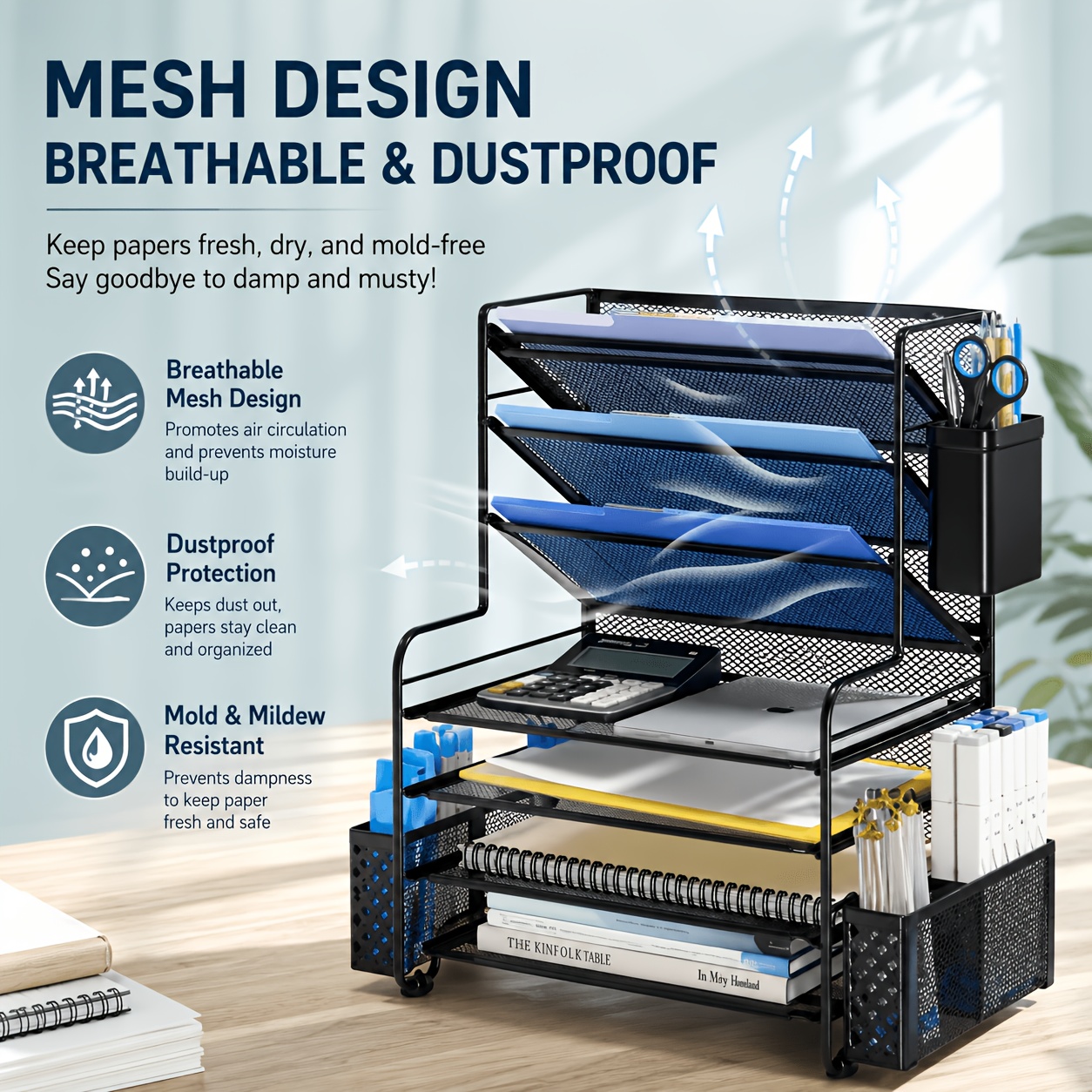 TEMU Desk Organizer Storage Container, Desk And Drawer Organizer, Simple And , 7-tier Desktop File Rack With Pen Holder And Metal Hanging Basket,