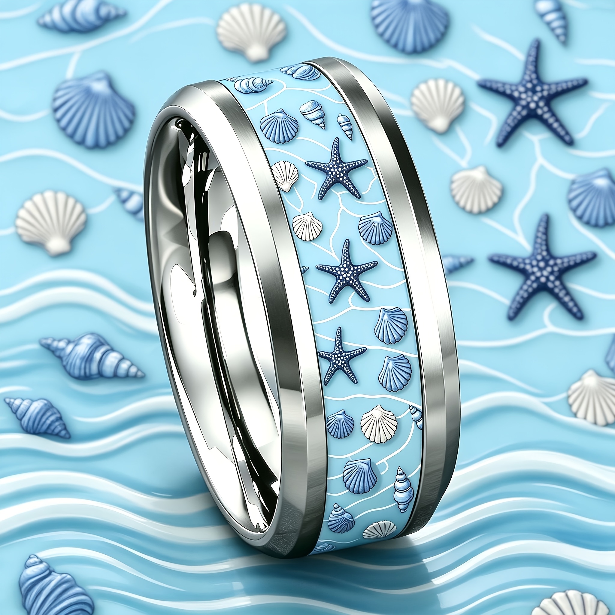 Light Blue Ocean Wave Starfish 304 Stainless Steel Ring, 8mm
