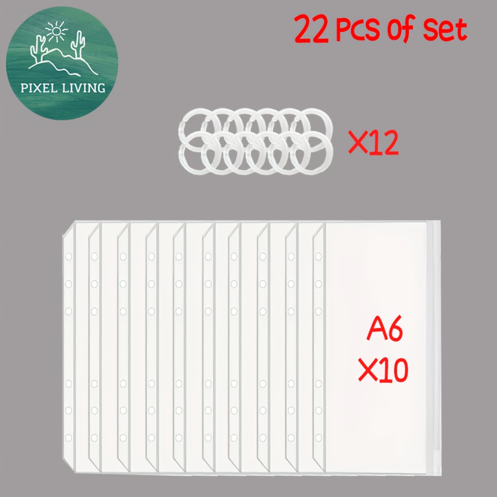 TEMU Pixelliving 22-delige set [10 stuks A5/A6 6-gaats transparante bindervakken met ritsvakken en 12 stuks transparante binderringen] Cash Storage,