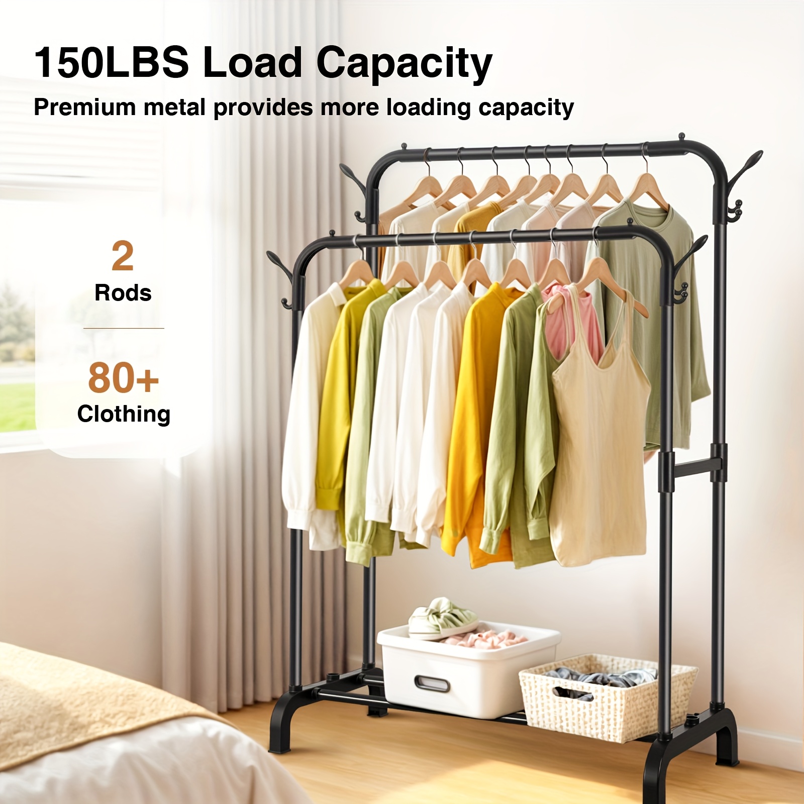 TEMU Séchoir à Linge Autoportant Double Barre avec Roulettes - Grande Capacité, de Place, Adapté pour Chambre, Salle de Bain, Balcon, Organisateur,