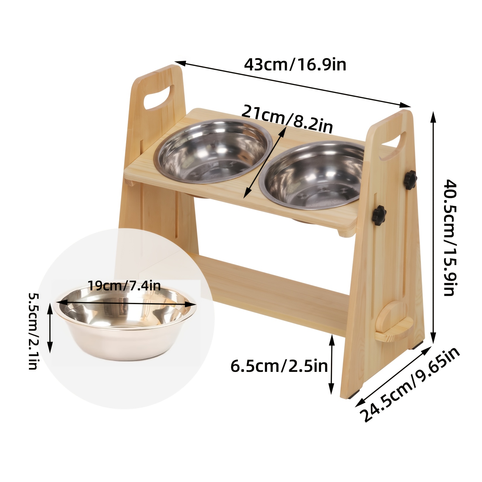 E-shop Verstellbarer Hunde-Futterständer aus Holz mit erhöhter Höhe und 2 Edelstahl-Näpfen, erhöhter Futter- und Wassernapf-Ständer für Nackenschutz