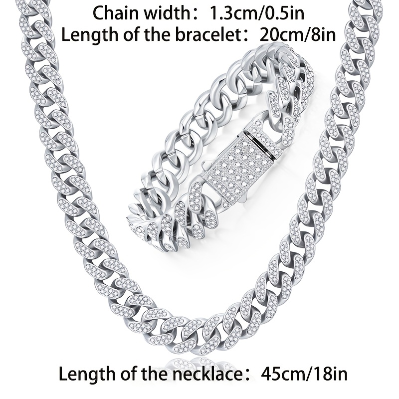 TEMU Men's 925 Silver Jewelry Set Cuban Chain Set Inlaid With 5a Synthetic 5a Zirconia Thick Chain Hip-hop Casual Fashion Luxury Atmosphere Party