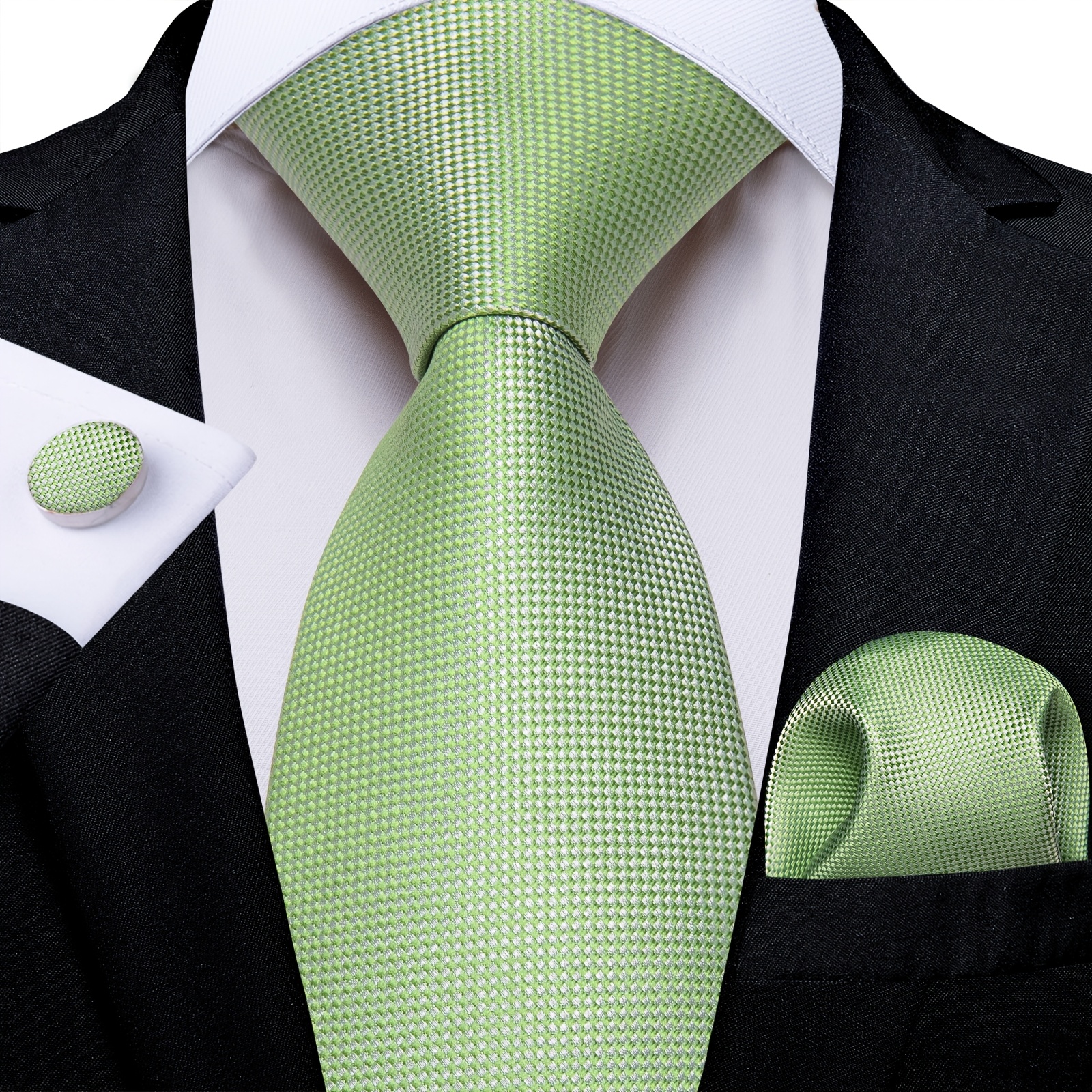 Men's 3pcs Tie Set In Fresh Sage Green Grid, Including A Pocket Square And Cufflinks, A For Easter, Outdoor Weddings, And Spring Gatherings