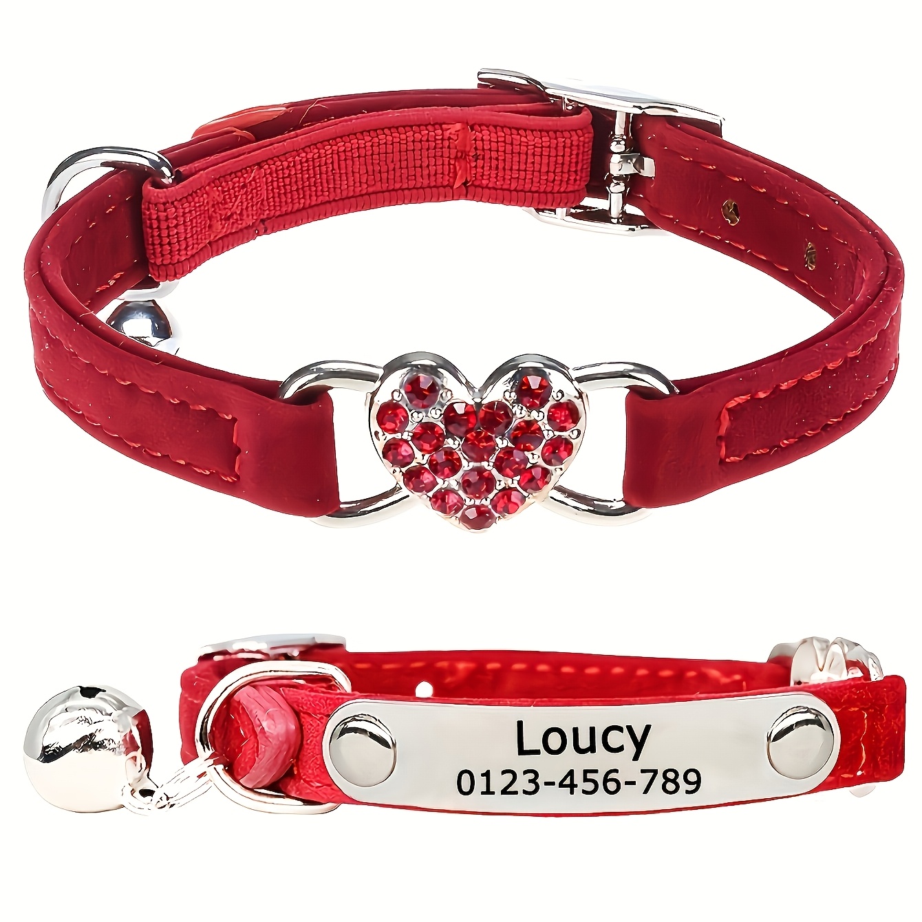 TEMU Personalized Adjustable Cat Collar With Faux Diamond Heart Pattern - Breakaway Pet Necklace For Puppies, Custom Name, Phone, Address - Essential