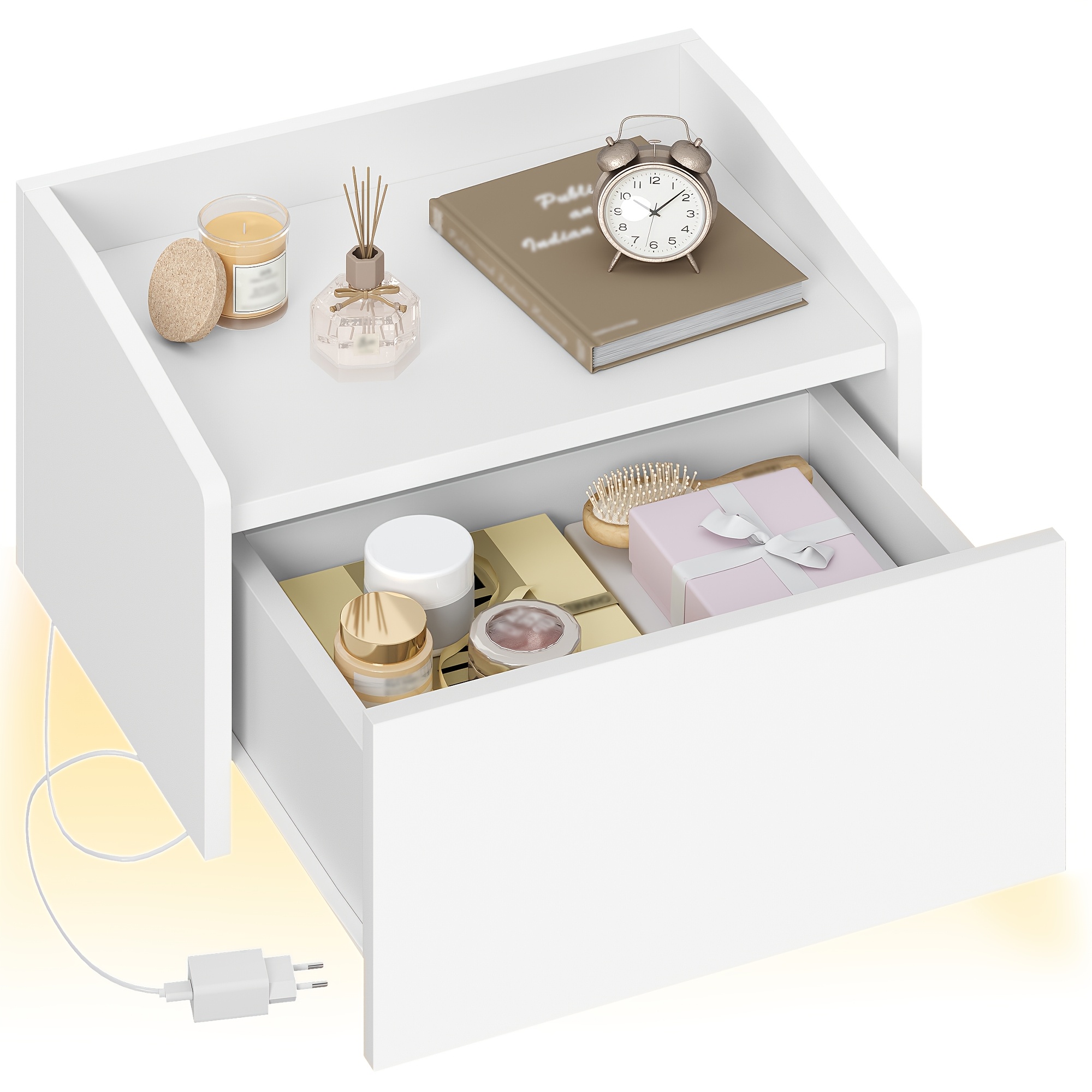 Hanging Bedside Table, Floating Bedside Table With Led Lighting, Wall Drawer With 1 Drawer, Modern, For Bedroom, Living Room, 30 X 40 X 22.5 Cm White