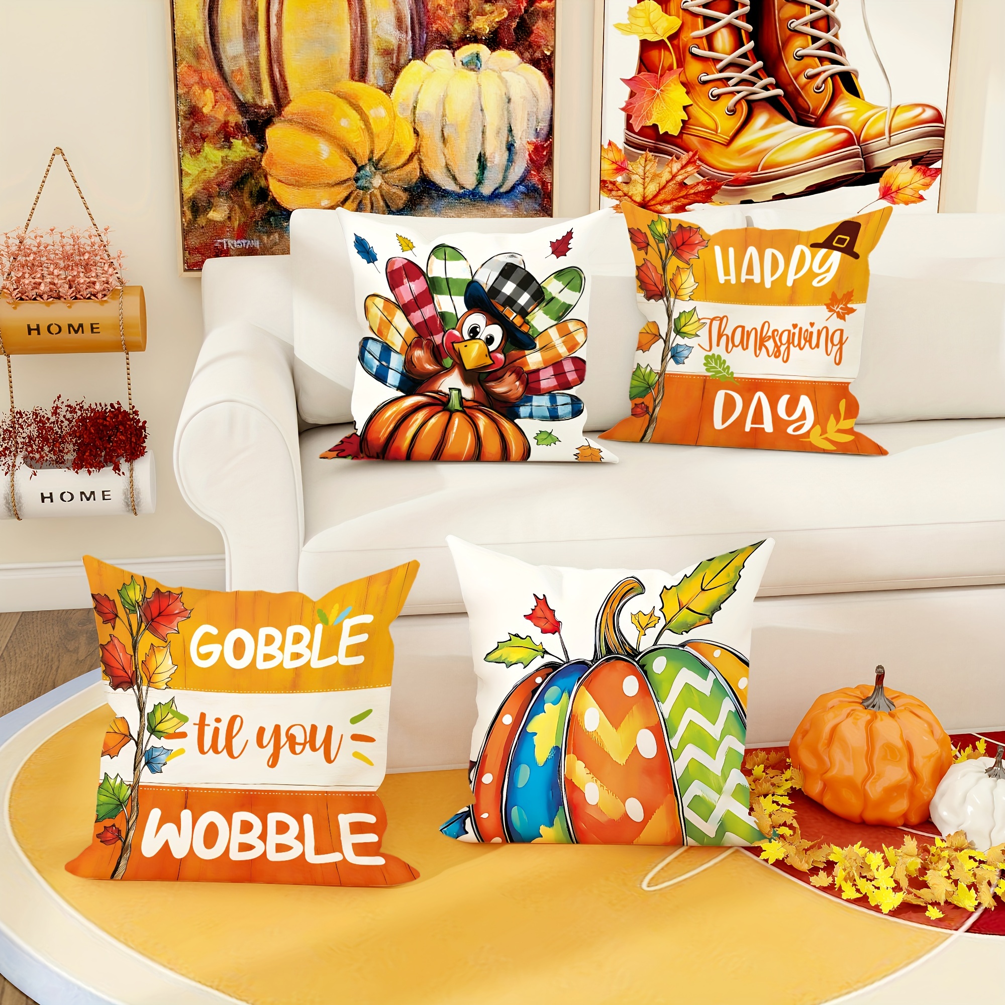 

4pcs Set Fall Harvest Velvet Throw Pillow Covers - Thanksgiving Turkey & Maple Design, Soft & Cozy 18x18 Inches, Zip Closure For Living Room & Bedroom Decor (inserts Not Included)