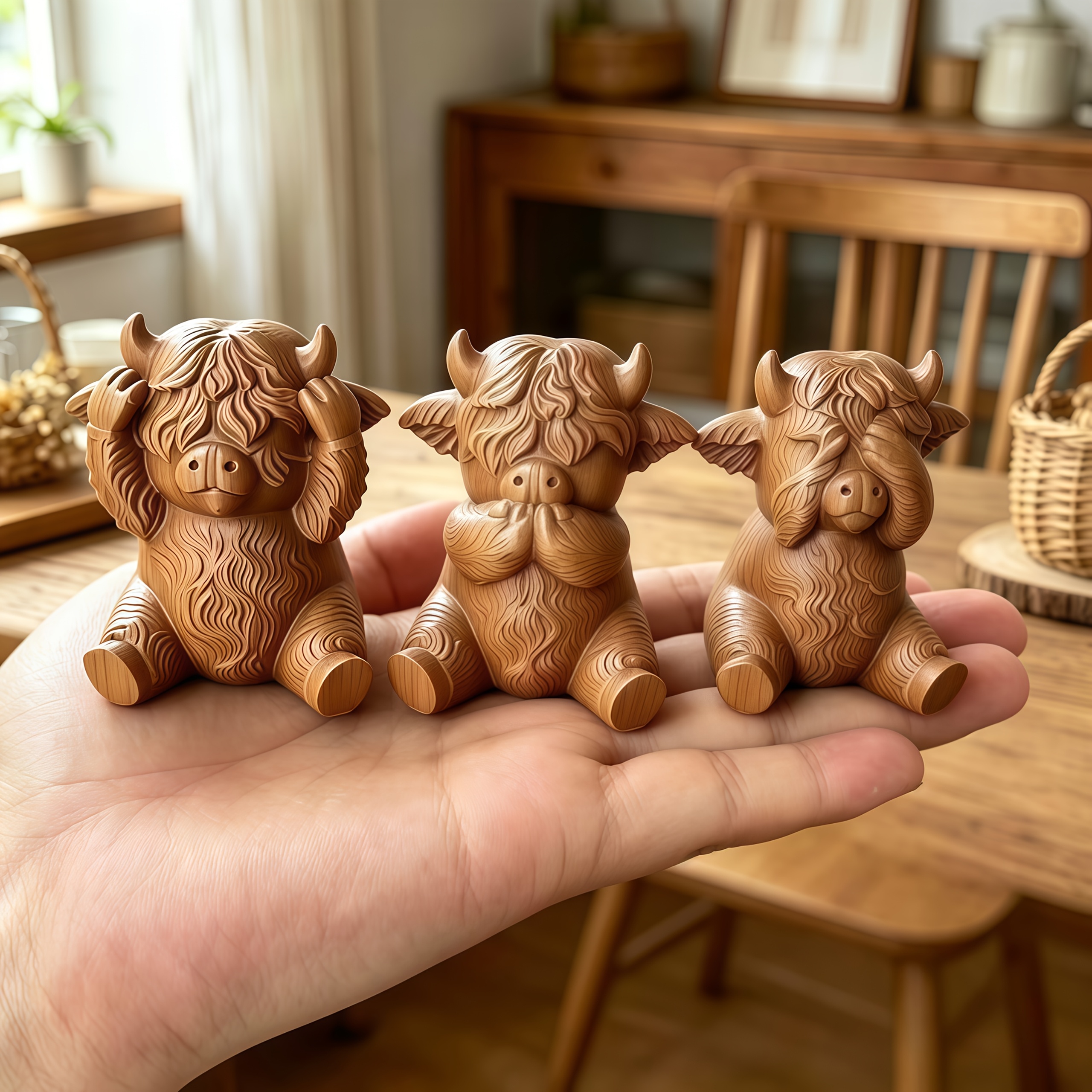 Image of 3pcs Cute Non-speaking Non-seeing Highland Cow Sculptures, Light Brown Texture, Suitable For Home Windowsills And Office Desks, Ideal Gift For Who Love Forest-style Decor