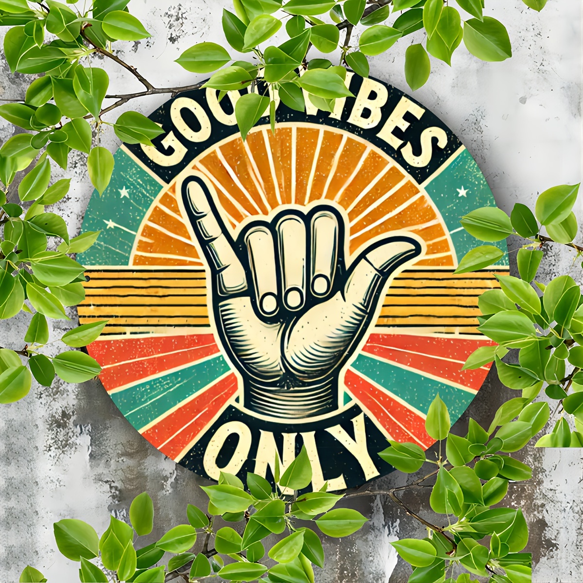 TEMU 2d Flat, 1pc Retro 60s/70s Gesture Wall Decor - Hawaiian Peace Symbol And "positive Energy" Round Plaque, Vintage Surfing Decor, Suitable For ,
